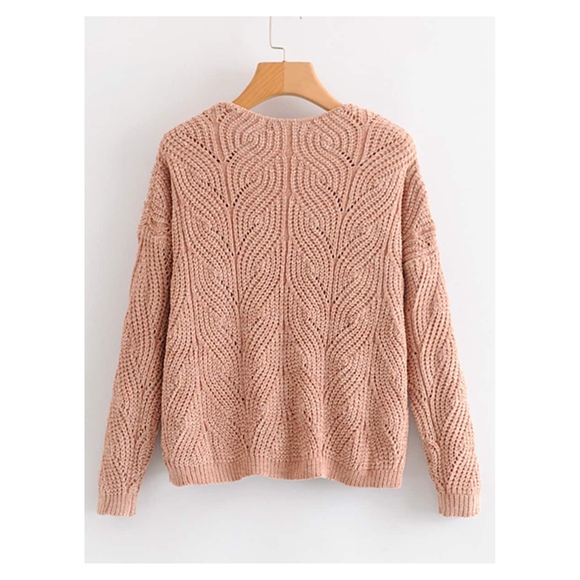 Beige V Neck Long Sleeve Chenille Sweater - Picture 2 of 7